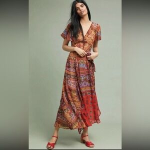Anthropologie Akemi + Kin Red Orange Boho Maxi Dress Size 2Sleeveless Patterned